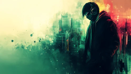 Cyberpunk audio drifter in neon atmospheric cityscape digital painting.