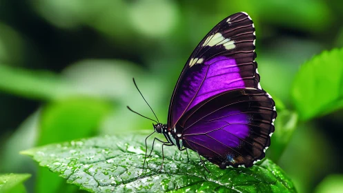 Macro study of violet butterfly on dewy foliage plane.
