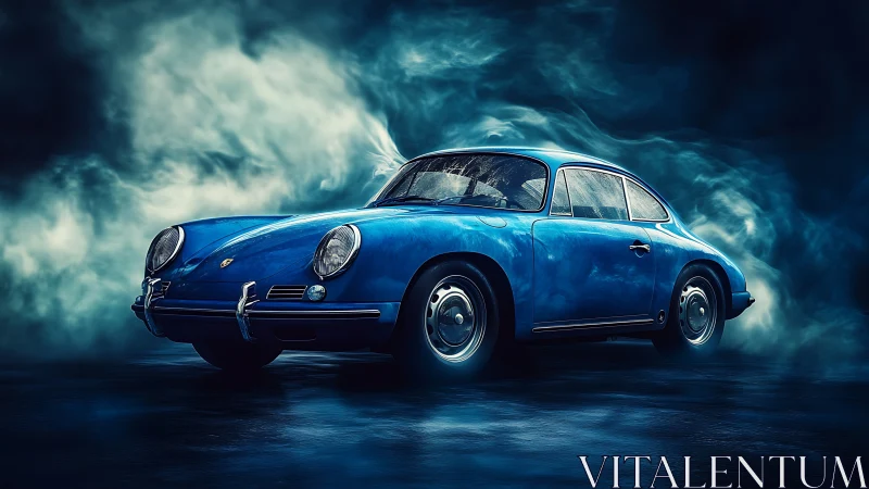 Vintage blue coupe in cinematic mist with dramatic lighting.
