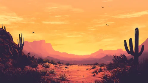 Desert landscape with cacti under orange sunset sky.