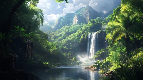 Sunlit jungle waterfall pouring into misty hidden lagoon.