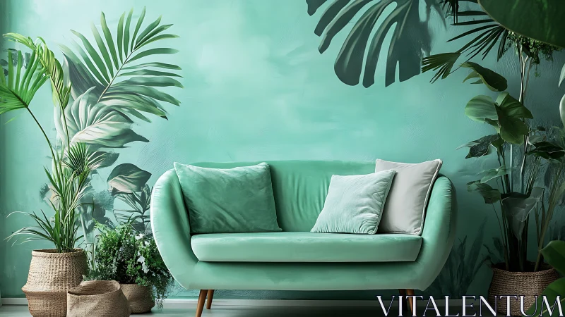 Mint green sofa in tropical leaf themed living room.