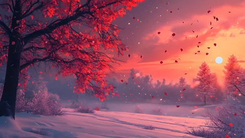 Crimson foliage over snowy valley at luminous winter sunset.