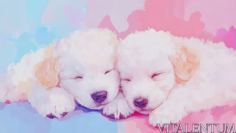 Two white puppies sleep closely together on pastel ground