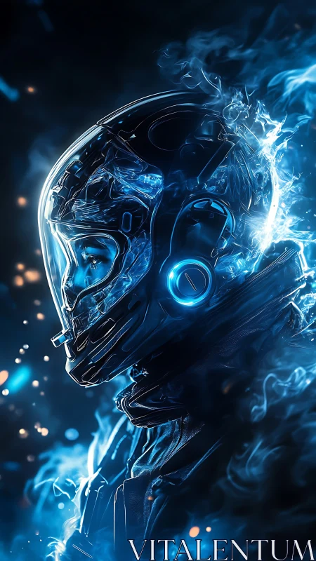 Futuristic soldier in glowing blue energy helmet profile.