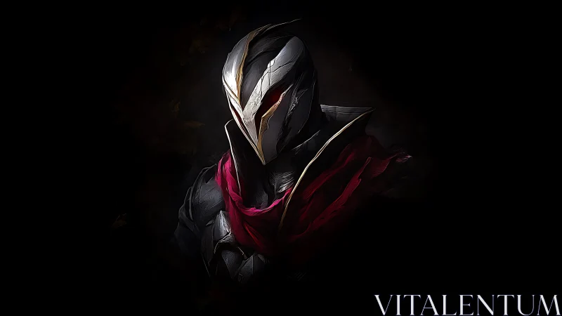 Masked rogue in crimson scarf emerges from the shadows.
