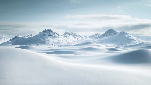 Endless snowy dunes curl softly toward quiet winter peaks
