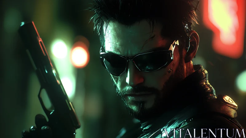 Night city vigilante studies the neon shadows with resolve