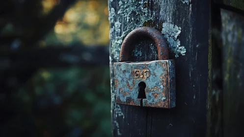 Weathered iron padlock guarding a moss-dark wooden gate.