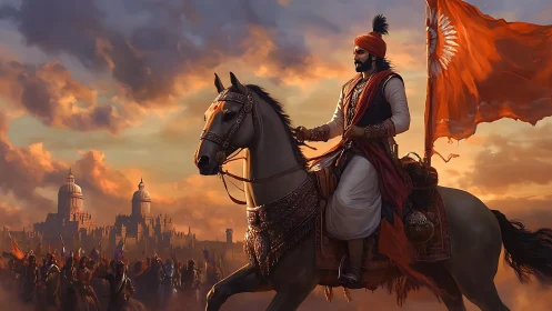 Mounted leader with orange flag before fortified city at dusk.