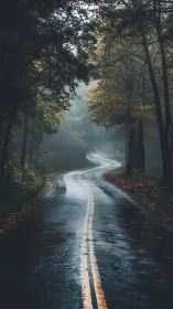 Wet Asphalt Road Tunnel Through Deciduous Forest with Golden Canopy.