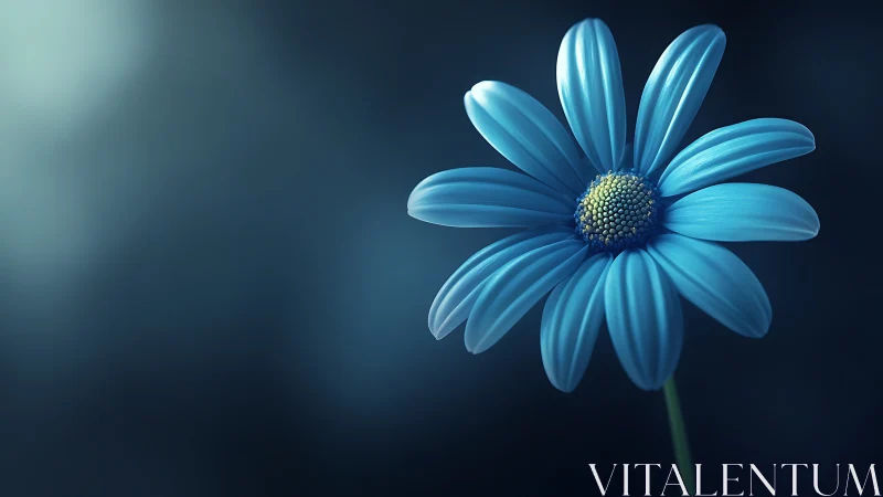 Single blue daisy glows softly against a dark dreamy blur.