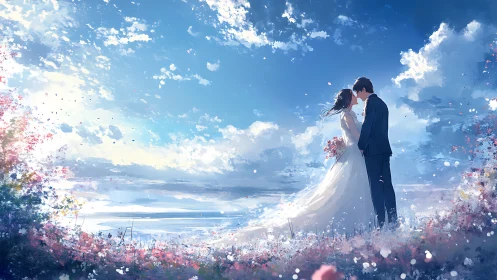 Bride and Groom Embrace in Romantic Flower Field Under Blue Sky