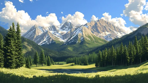 Snow-capped mountains rise behind conifer forest and meadow