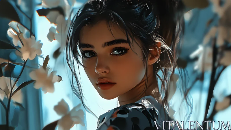 Digital portrait girl amid soft blossoms, teal light glow.