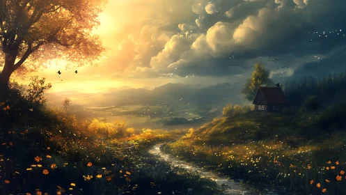 Golden country path winding toward a quiet hilltop cabin.