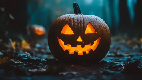 Glowing jack o lantern smiles along a misty forest path
