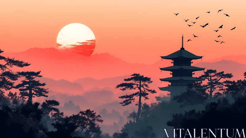 Sunset pagoda silhouette overlooks misty conifer valleys
