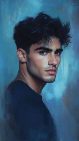 Brooding young man in cool blue portrait painting.
