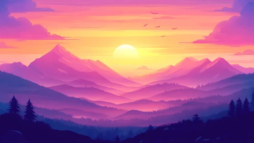 Sunset dreamscape over misty violet mountain valleys.