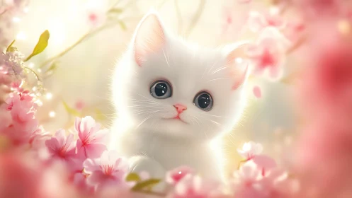 A Snow-White Kitten's Gentle Moment Among Blooming Pink Flowers.