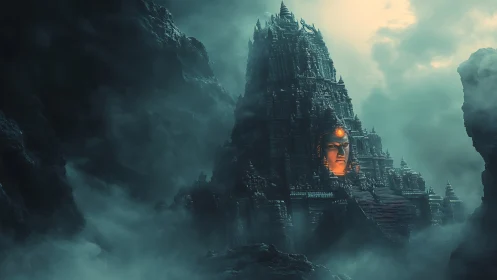 Ancient mist-shrouded mountain temple with glowing deity face.