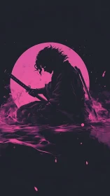 Silhouetted katana warrior before neon magenta moon in mist