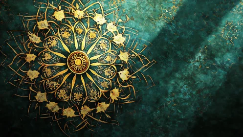 Ornate gold mandala on distressed teal textured ground.