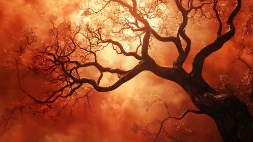 Majestic Tree Silhouette Against Fiery Orange Sunset Sky, Artistic Style.