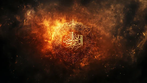Radiant Arabic calligraphy glows within swirling cosmic fire