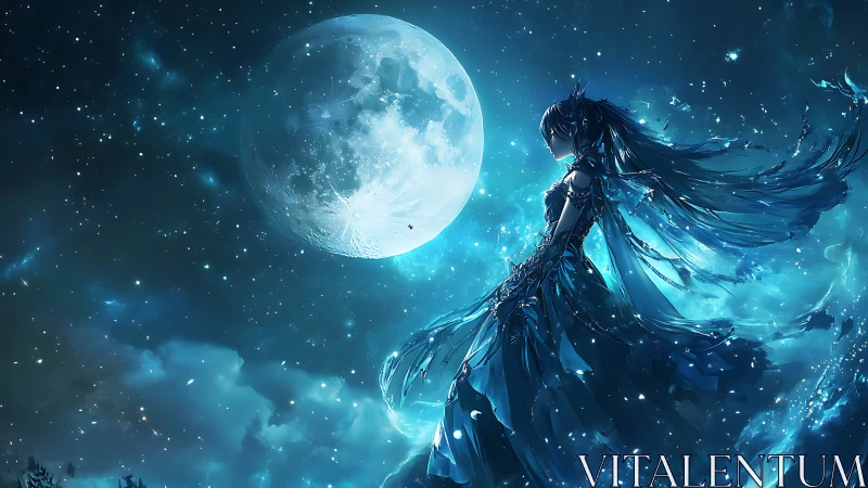 Celestial female silhouette in flowing dress under luminous moon