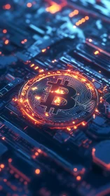Bitcoin symbol on illuminated circuit board in blue and orange.