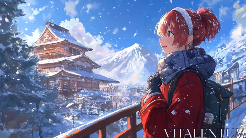 Side profile of traveler observing snowy temple landscape