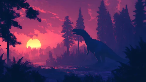 Dinosaur silhouette against neon prehistoric sunset forest.