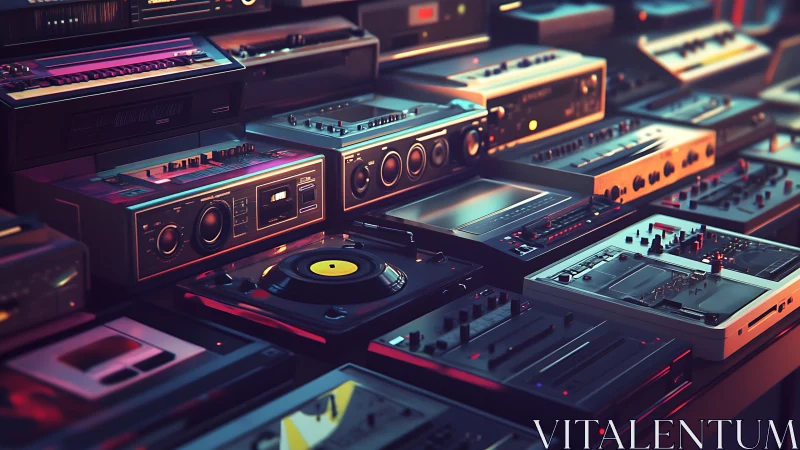 Retro audio decks glow under neon studio lighting