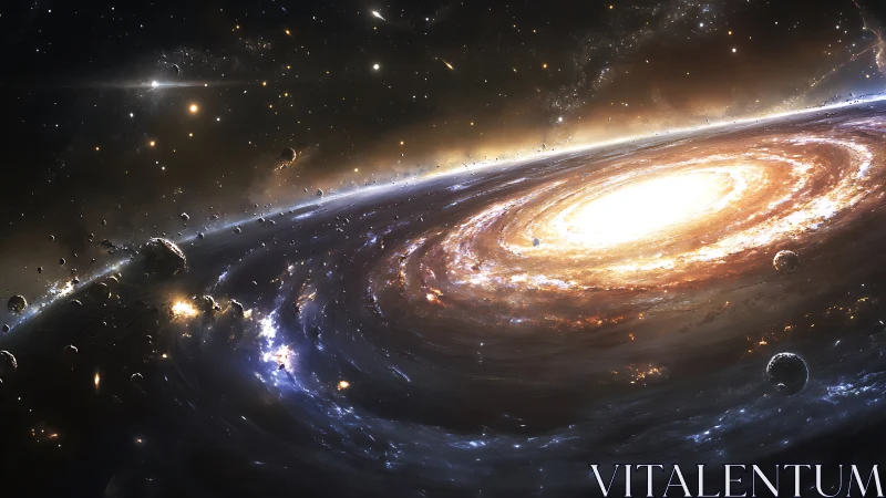Spiral galaxy vortex rendered with high-contrast cosmic lighting