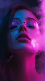Neon dreamer bathed in cosmic vapor and electric glow.