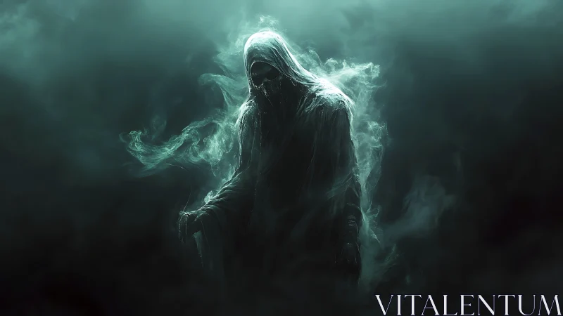 Hooded skeletal figure formed from swirling mist and smoke.