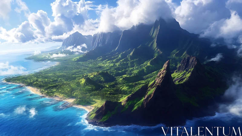 Majestic Hawaiian Pali Cliffs Rise Above Turquoise Ocean Waters.