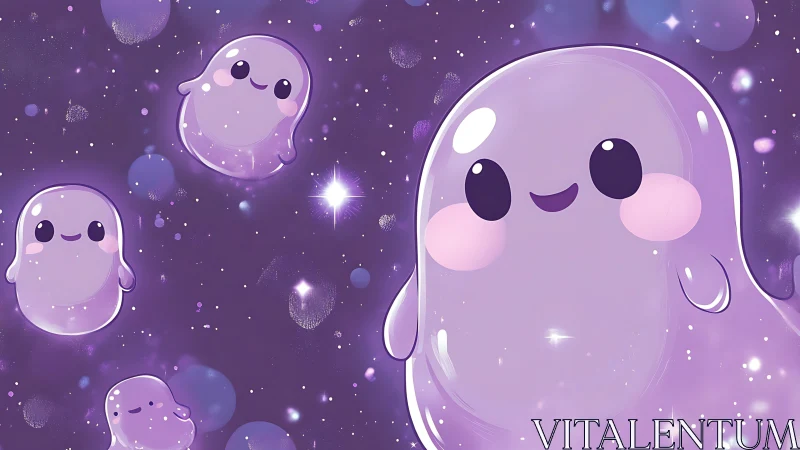 Multiple translucent purple blob characters float in space