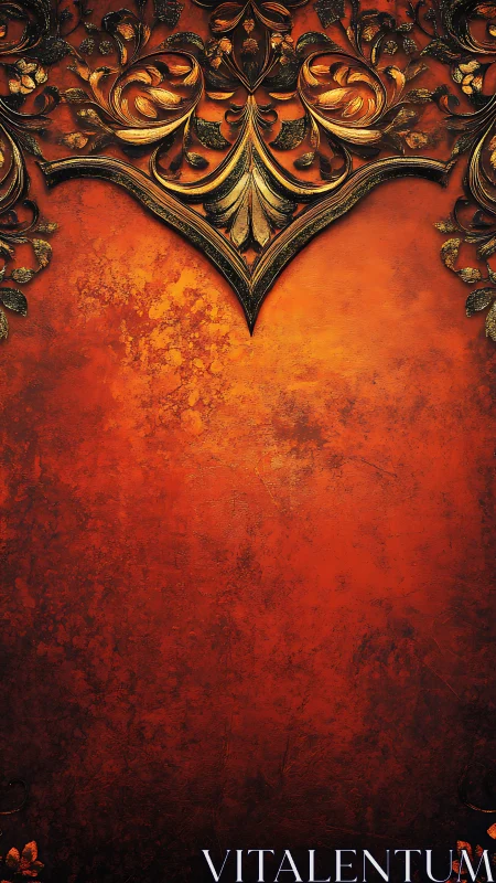 Ornate gold floral border on textured red background design.