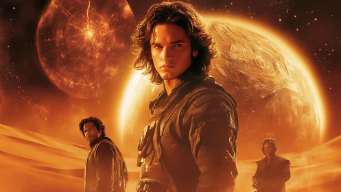 Heroic figure dominates sci-fi desert under twin luminous planets