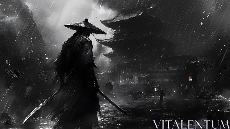 Lone samurai in a rain-soaked temple street at midnight.