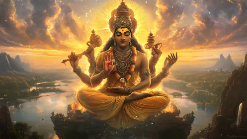 Radiant multi-armed deity levitates above riverine temples at sunset