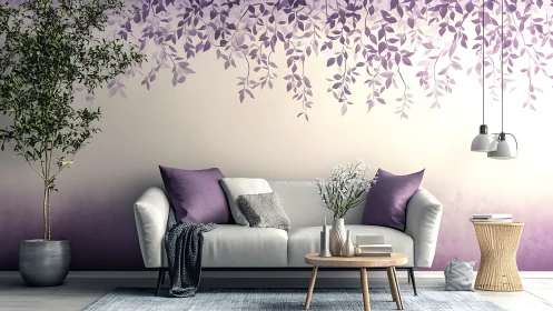 Modern living room with lavender ombre leaf mural wall.