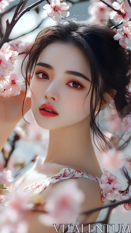 Digital portrait girl framed by soft pink cherry blossoms.