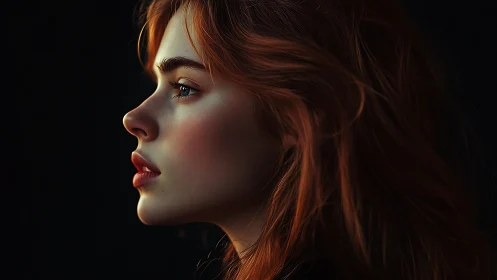 Red haired woman in profile against dark background.