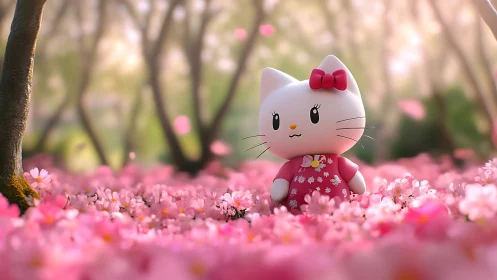 Cartoon cat figure stands in pink flower field during spring