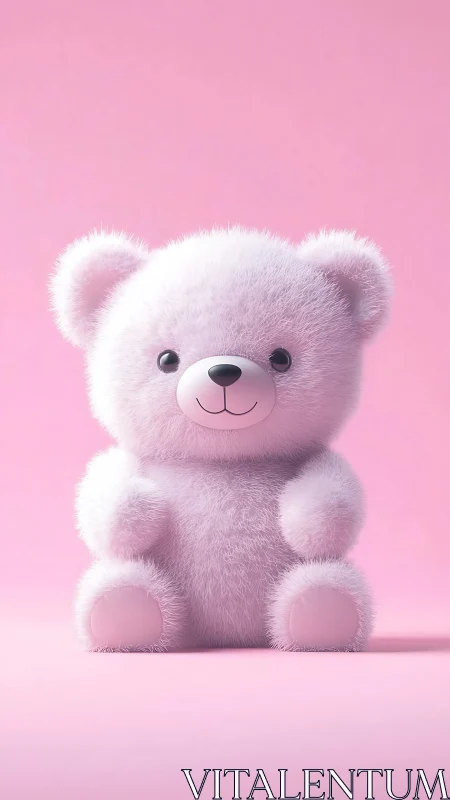 Soft pastel teddy bear render on minimal pink backdrop.