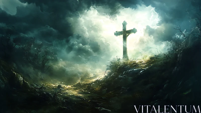 Solitary cross rises through storm-lit clouds on a rugged hill